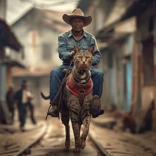 in cowboy hat riding a cat on a train track