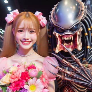 a girl in a pink dress posing with a alien