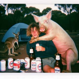 hugging a pig and drinking beer