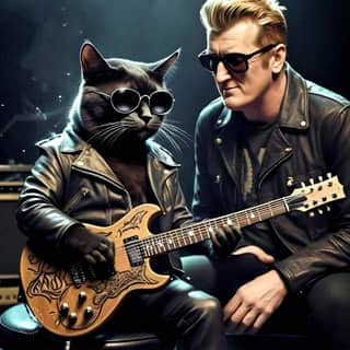 in a leather jacket and sunglasses is holding a cat with an electric guitar