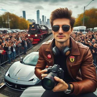 in sunglasses holding a camera in front of a crowd