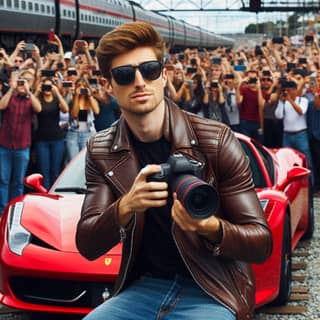 in sunglasses holding a camera in front of a red sports car