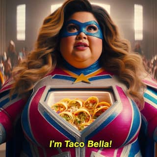 in a superhero costume with a taco bell logo