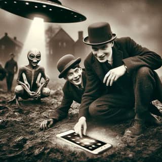 two men in hats and top hats are looking at a tablet computer