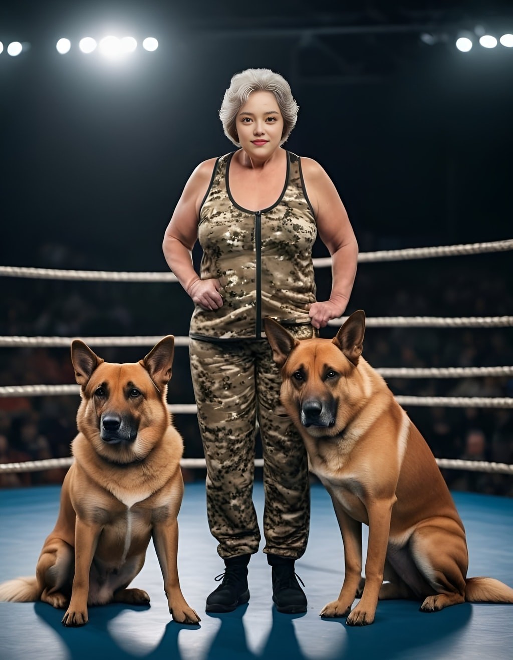 an older woman with two dogs in a boxing ring