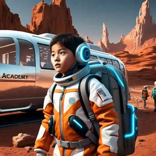 boy in an orange space suit standing next to a bus