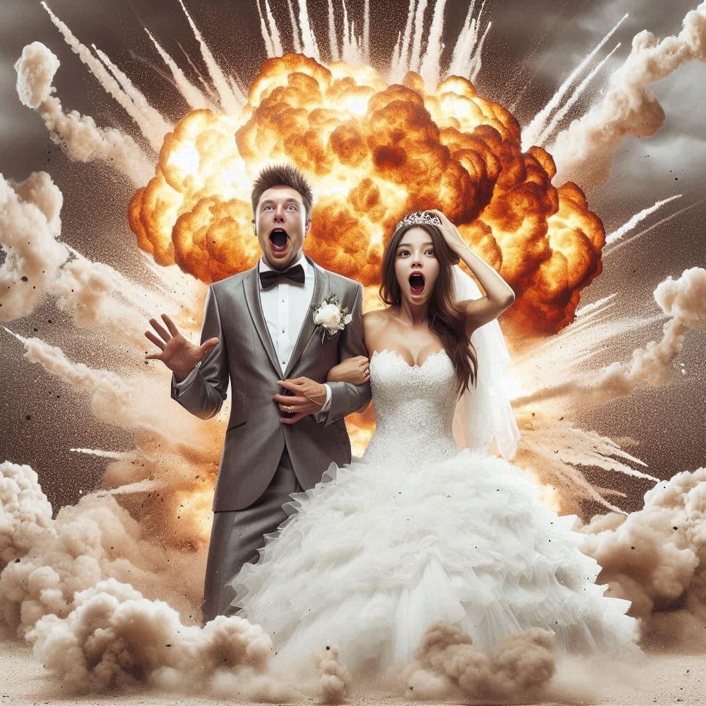 a bride and groom standing in front of an explosion