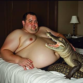 Un homme gros est sur son lit avec un crocodile.