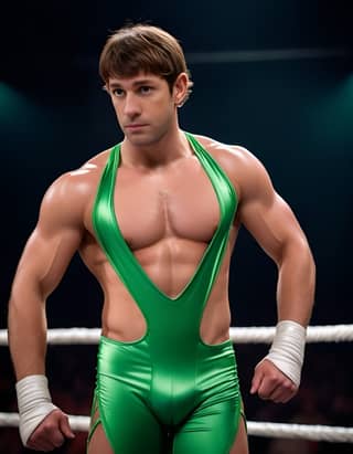 in a green wrestling outfit