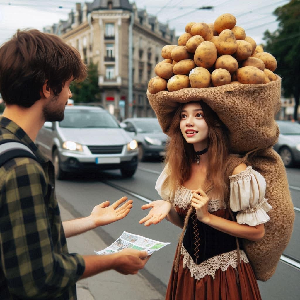 is holding a bag of potatoes