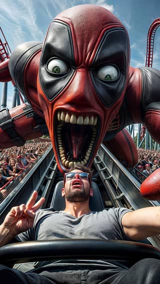 is riding a roller coaster with deadpool