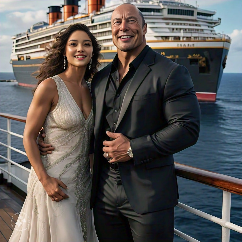 the rock and his wife pose for a photo on the ship