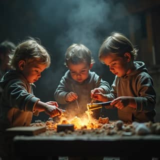 three children are cooking on a fire in a dark room