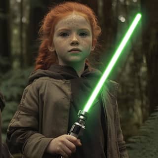 two little girls with lightsabers in the woods