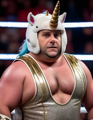 a wrestler with a unicorn head on his chest