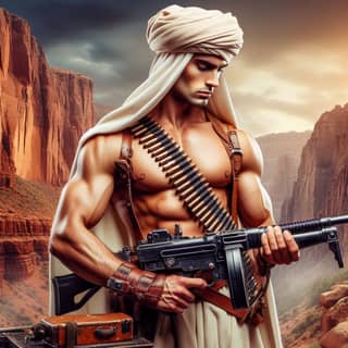 in an arabian outfit holding a gun