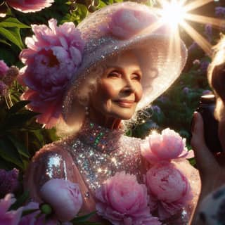 an older woman wearing a pink hat and a flowery dress