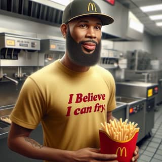 with a beard holding a mcdonald's french fry
