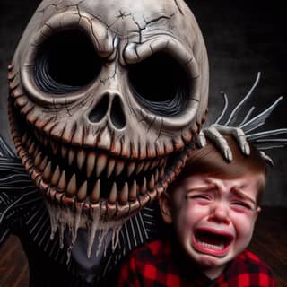 boy is crying next to a skeleton