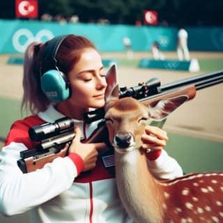 holding a deer with a rifle