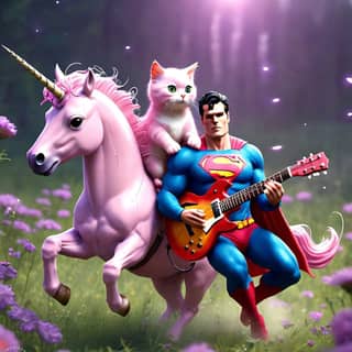 superman and cat on a unicorn