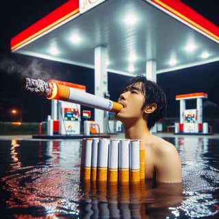 in the water with cigarettes in his mouth