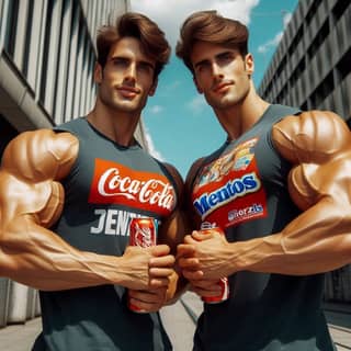 two men posing with a coke can