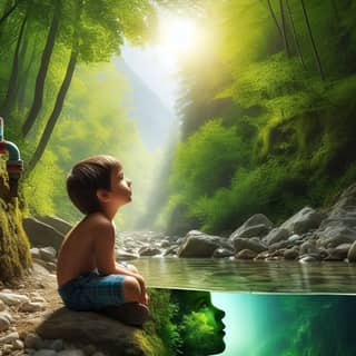 a boy sitting on a rock in front of a river