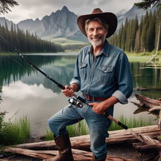 Una persona che indossa un cappello da cowboy sta tenendo una canna da pesca.