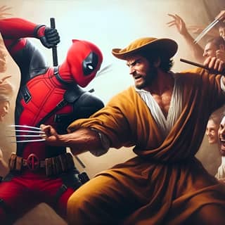 deadpool and wolverine fighting in a painting