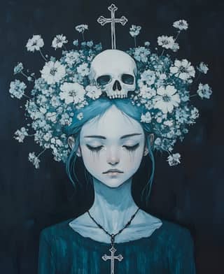 a girl with flowers in her hair and a skull on her head