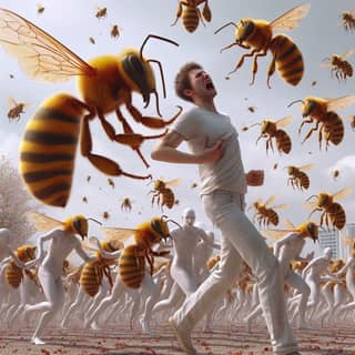 is surrounded by bees in a field