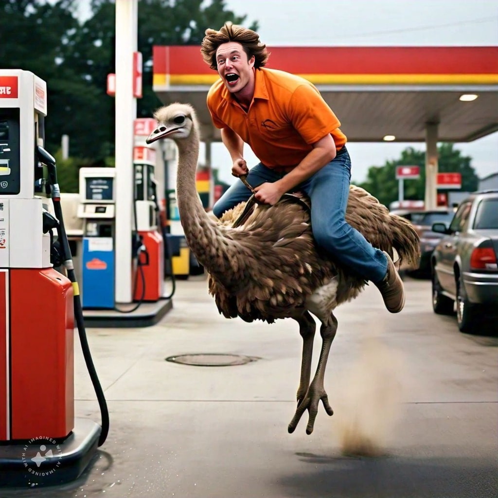 riding an ostrich at a gas station