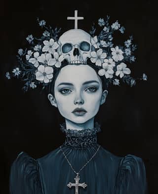 with a skull headdress and flowers