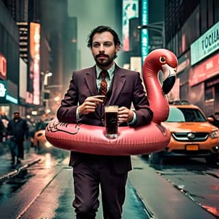 in a suit and tie holding an inflatable flamingo