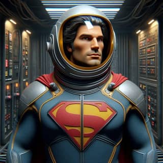 Superman in un'astronave con un mantello rosso.