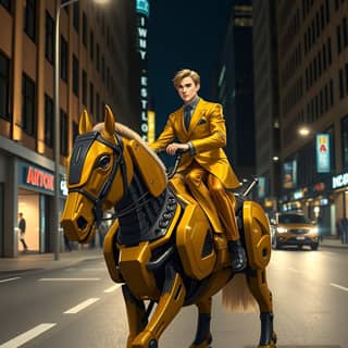 Une personne en costume jaune monte à cheval.