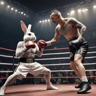 a boxer and a rabbit in a boxing ring