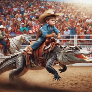 boy riding an alligator at a rodeo