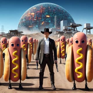 in a cowboy hat stands in front of a group of hot dogs