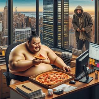 Un hombre gordo está comiendo pizza frente a una computadora.