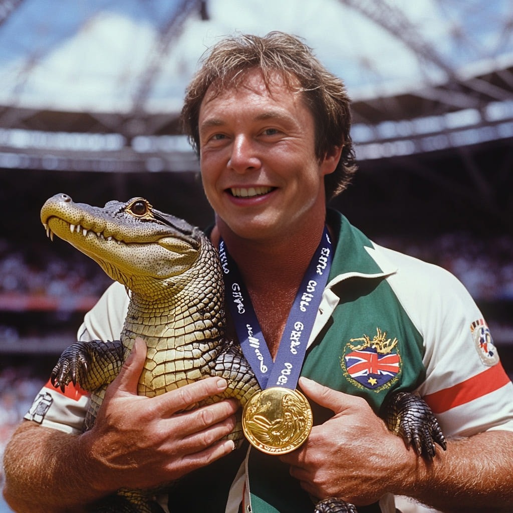 holding a crocodile in front of a stadium