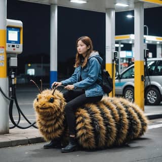 riding a giant caterpillar on a gas station