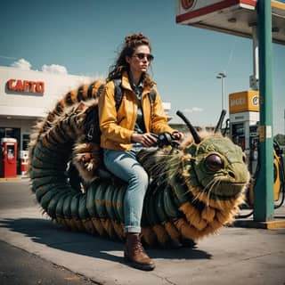 in a yellow jacket is riding a giant caterpillar