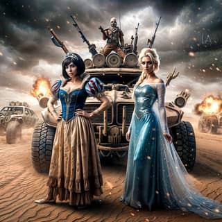 two women in princess dresses standing next to a car with guns