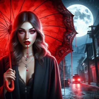 with a red umbrella and blood dripping from her face