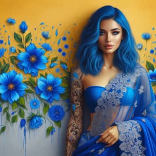 Uma mulher com cabelo azul e flores azuis.