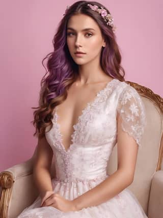 Una donna in un abito da sposa con capelli viola e una corona di fiori.