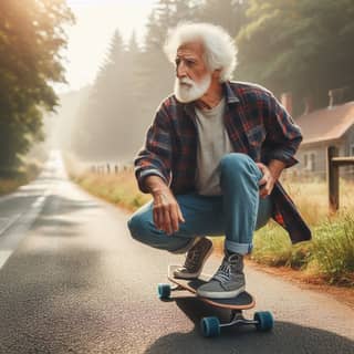 старик катается на скейтборде посреди дороги