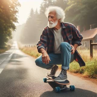 un anziano uomo che fa skateboard nel mezzo della strada